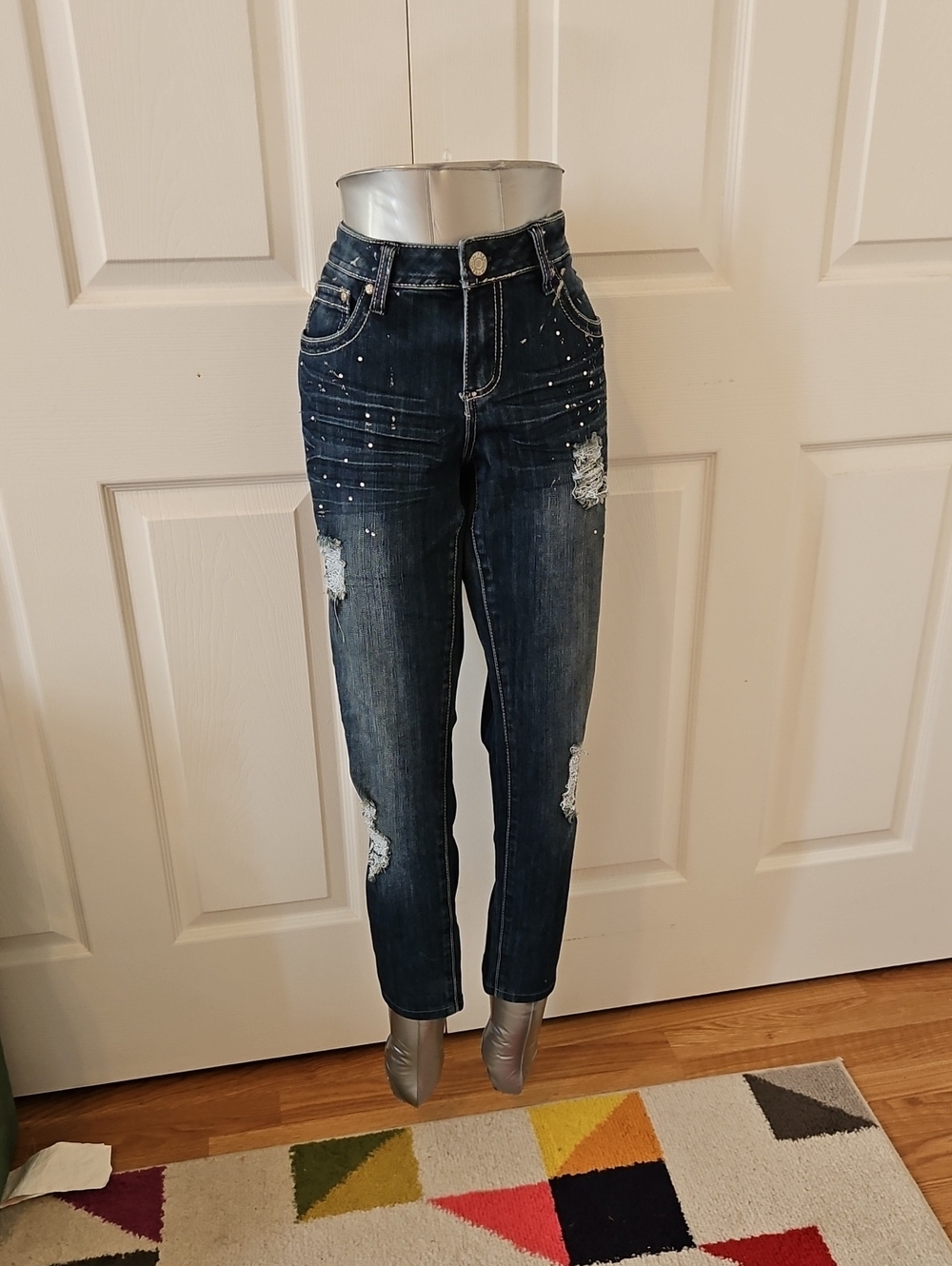 Almost Famous Size 11 Dark Blue Distressed Women's Jeans with Embellishments